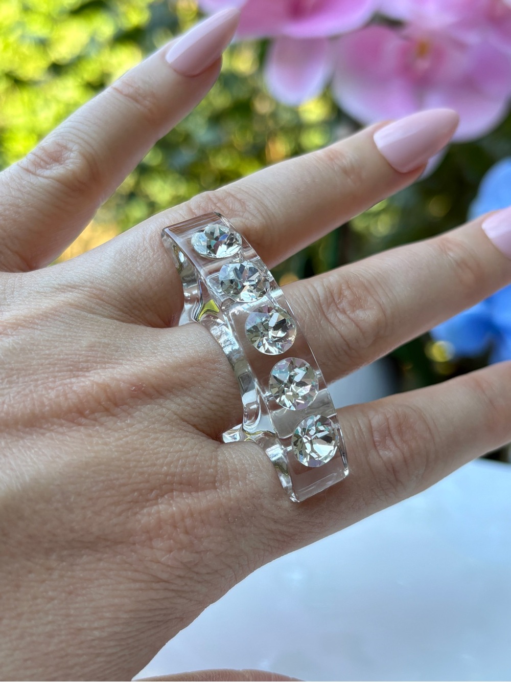 Clear Acrylic statement ring embellished with genuine crystals, cocktail ring